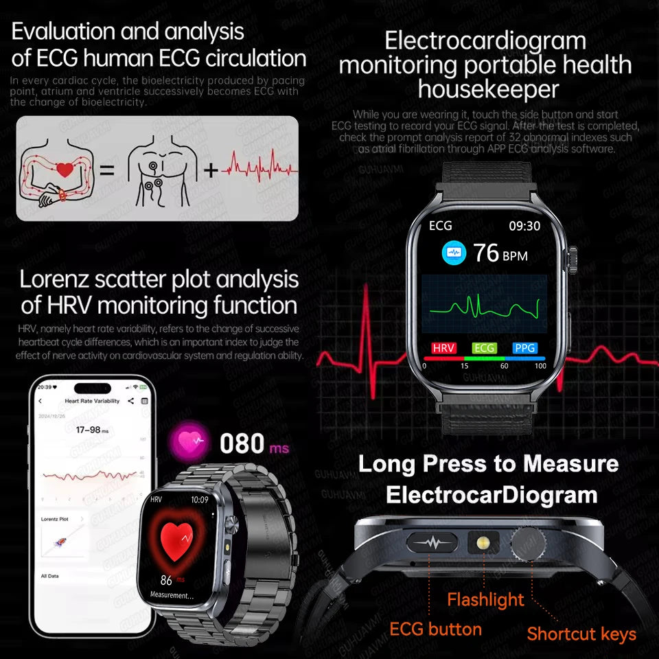 2025 New Accurate ECG Smart Watch Heart Health Analysis Blood analysis Blood Lipid Blood Pressure BT call Smart Watches For Men