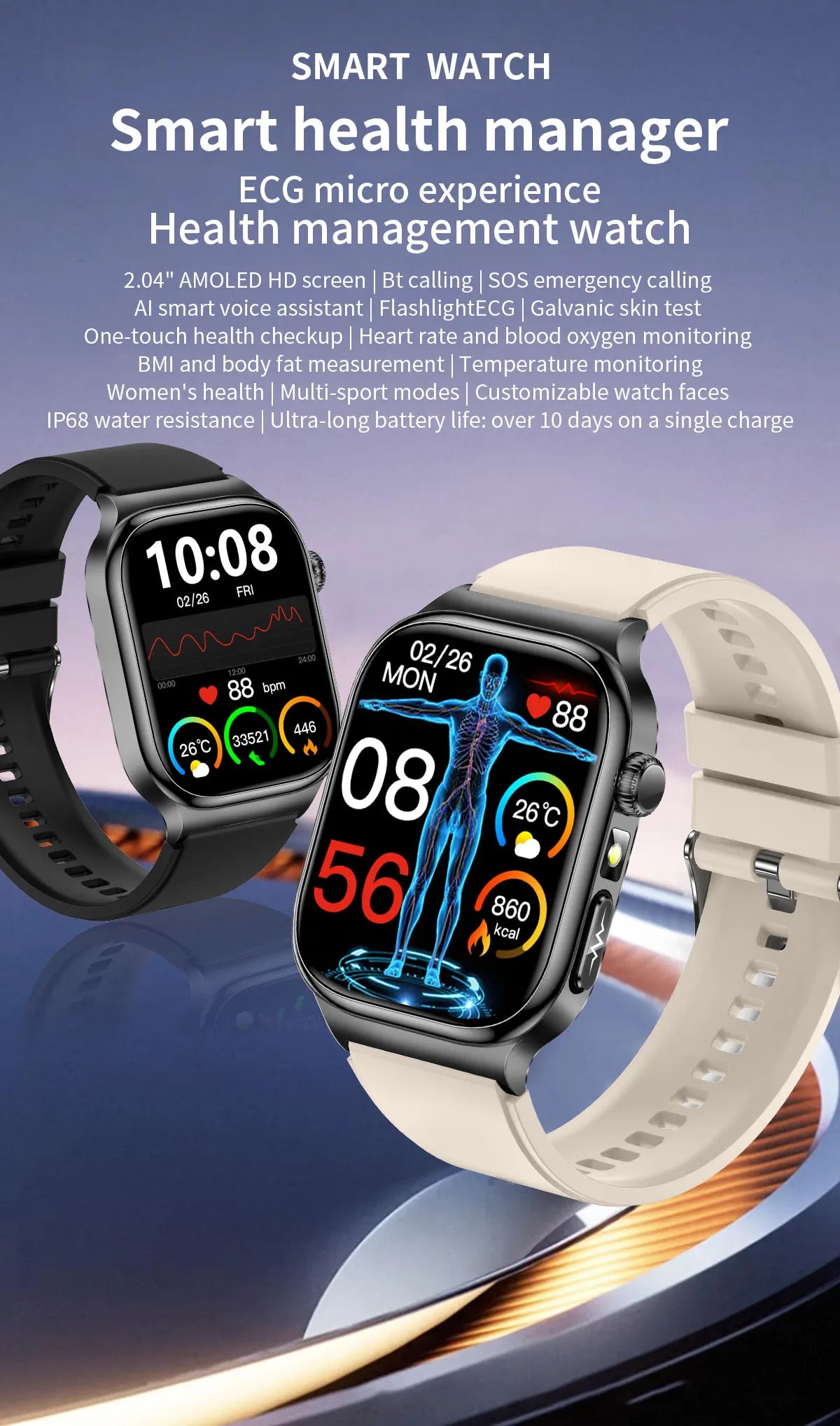 2026 New Accurate Measurement Uric Acid Blood Lipids Smartwatches Body Fat Measure Call Sports Health Smart Watch For Men Women